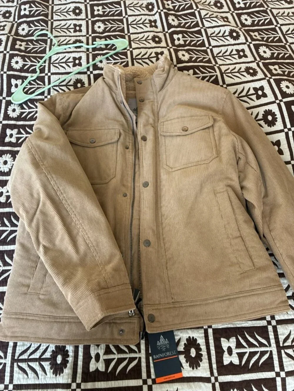 NWT Rainforest Men's Beige Corduroy Sherpa Jacket Full Zip Button Medium